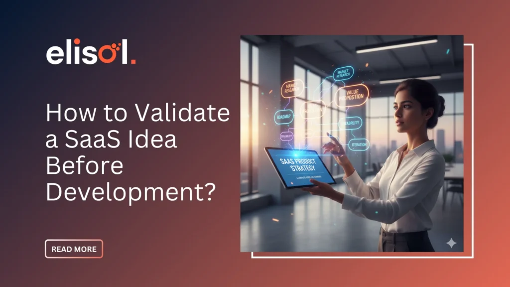 Illustration showing SaaS idea validation process including user interviews, market research, MVP testing, and data-driven decision making.