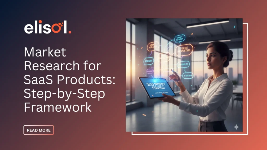 Illustration showing SaaS market research process including user interviews, competitor analysis, market segmentation, and data-driven insights.
