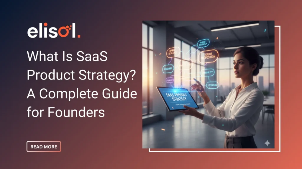 Illustration showing SaaS product strategy components including user needs, market positioning, product roadmap, and scalable growth for founders.