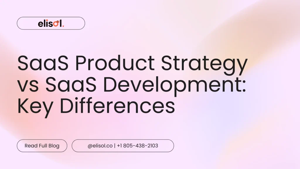 Illustration comparing SaaS product strategy planning with SaaS software development execution, showing vision, roadmap, and code working together.